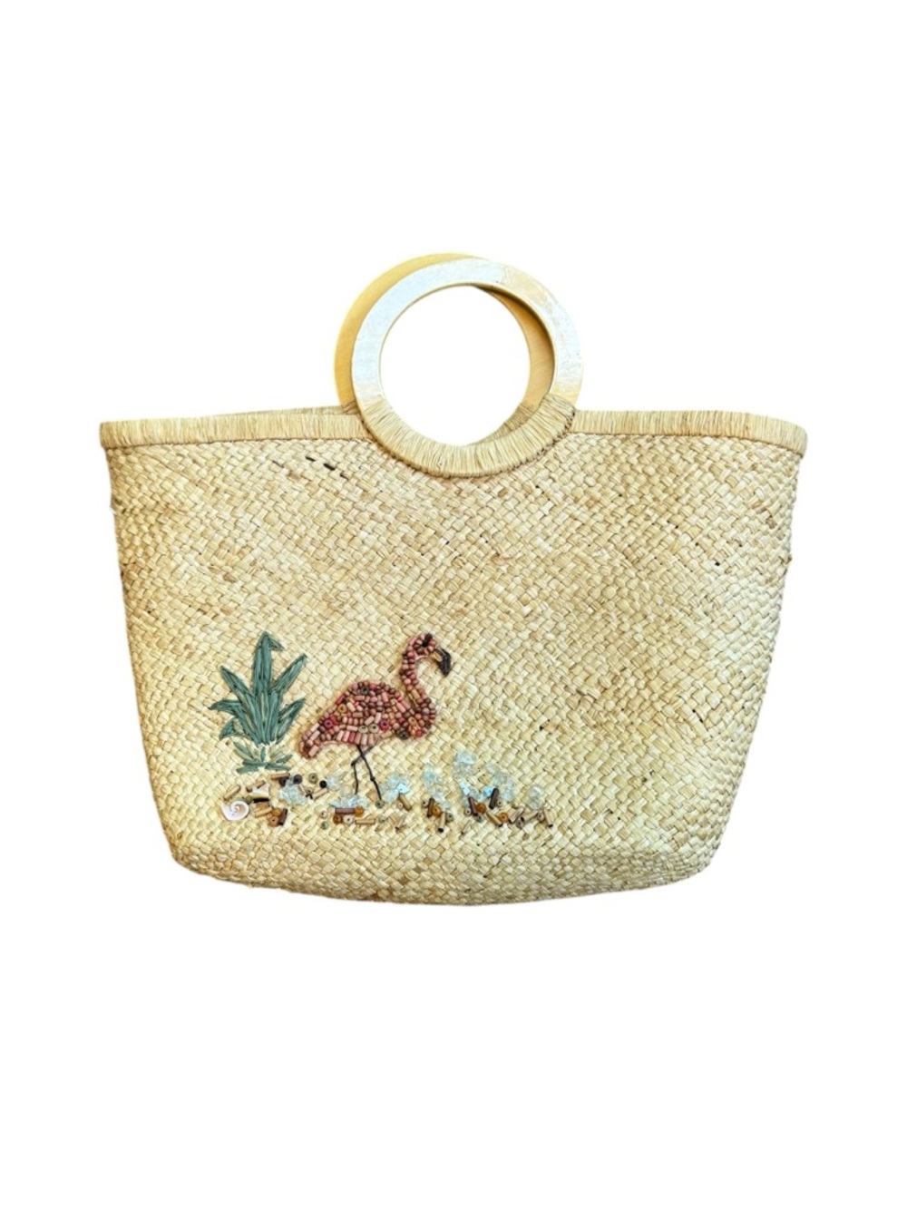 Cappelli Straworld Flamingo And Shells Straw Tote Purse Green Lined Palm Trees